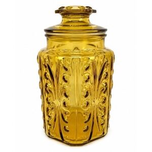 Vintage Amber Glass Apothecary Canister Jar w/ Faceted Lid Octagonal MCM Storage